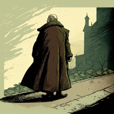 view from above, an strong old man walking far way on a road from back side, wearing long coat, dark tones vintage drawing style , in an old cartoon drawing style + back sideview + with low details + keep image datails +dark color tones + vintage drawing style , clipart drawing, clipart image, clean colors,balanced colors, detailed drawing