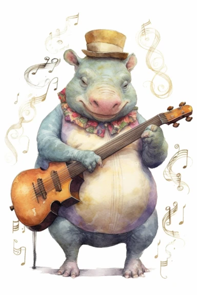 drawing of funny animals musician, white background, clipart, in unicake colors, layered composition, muted color palette, in the style of Ghibli, Pixar, Ukiyo - e, Wabi - sabi,