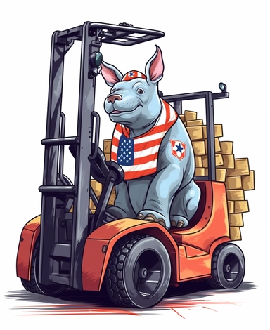 Showcasing a cartoon rhinoceros as a forklift operator, with the design featuring patriotic motifs and symbols inspired by the American flag. The overall design can appear polished and poignant, with the rhinoceros proudly operating the forklift, that can be used as a sticker, colorful, highly detailed, with a white background, in the style of Pixar clipart, and no cut off edges.