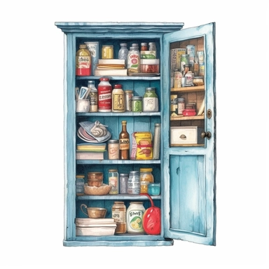 watercolor, hyper realistic, white background, white margins, 16k, ultra detailed clipart, cut out image, hand-drawn vintage wooden cupboard with a light blue finish and a decorative stencil design, showcasing an assortment of vintage cookbooks.