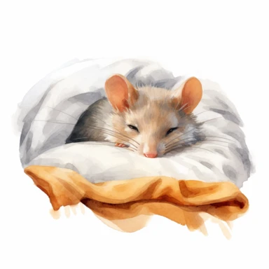 clipart vector image with plain white background of a watercolor painting of a grey mouse laying down curled up sleeping in a tiny bed with orange sheets. extremely detailed.
