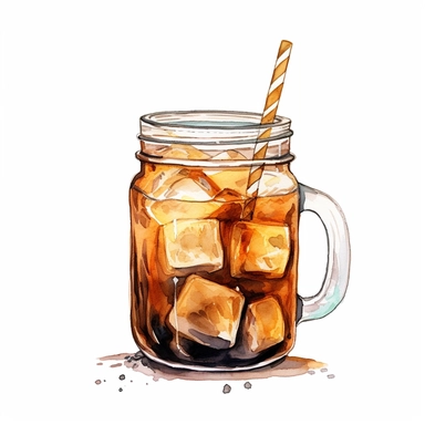 clip art, white background, cold brew coffee with straw in mason jar, small ice cubes, watercolor design