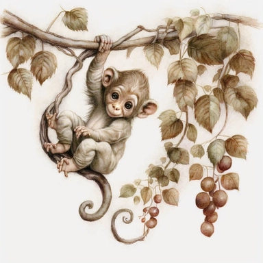 watercolor, clipart, cute little monkey swinging on vines in the style of hyper-realistic animal, highly detailed illustrations, arbeitsrat für kunst, soft watercolours, full view animated gifs, sparklecore