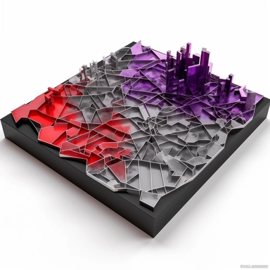3d model of metallic city map, black+red+silver+purple, clipart, white background