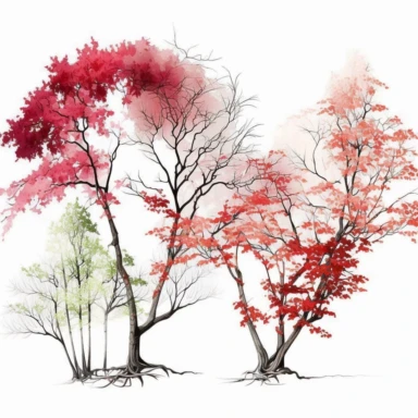 Watercolor, Japanese Maple Trees, old, long branches, Clipart, springtime japanese trees, forest, grass, white background