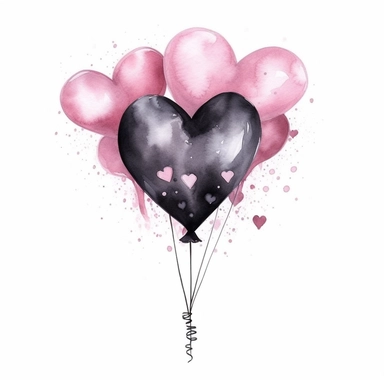 Watercolor pink and black birthday heart shape balloon drawing, illustration clipart, high detailed, white background, digital art