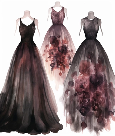 4 watercolor illustration goth wedding dress, in the style of dark palette chiaroscuro, romantic motifs, white, dark maroon and bronze, naïve, inventive, romantic floral motifs, clipart, white background
