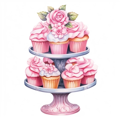 watercolor ultra realistic and hyper detailed illustration of a cupcake stand with vintage pastel pink flower cupcakes, clipart, white background