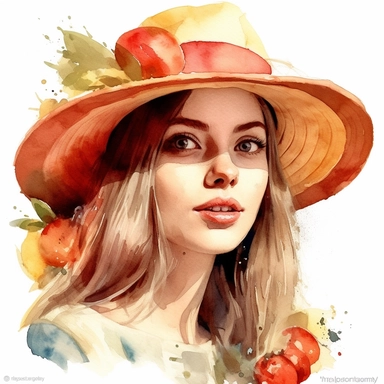 create a one of a kind high quality highly detailed saturated beautiful watercolor CLIPART illustration portrait of a woman in a hat with RED APPLES, in the style of photo-realistic drawings, i can't believe how beautiful this is, ferrania p30, intricate illustrations, free brushwork, beautiful women, sun-kissed palettes, WHITE BACKGROUND, NO TEXT, NO WORDS, NO FONT