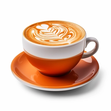Side view of hot latte coffee with latte art in a orange cup and saucer isolated on white background with clipping path inside