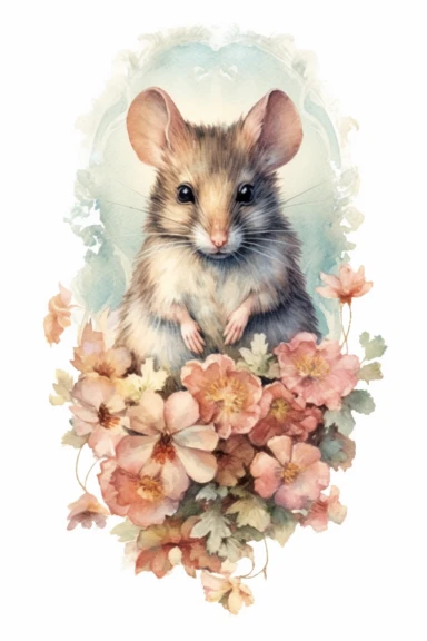 Chromolithography, vintage watercolor mouse floral clipart, nursery art, little mouse, mouse art, kids wall art, baby animal prints, isolated on white background, intricate details, hdr, 8k