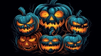 halloween pumpkins vector vector clip art, collection of free halloween pumpkin, in the style of black background, tasteful use of negative space, hellish background, caricature faces, light black and orange, light sky-blue and dark orange