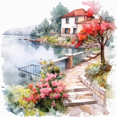 Watercolor, a lakeside courtyard in bloom, clipart on white background.