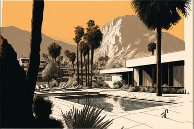 brutalist midcentury house and swimming pool in palm springs, 1960's, happy, friendly, washingtonia palms, low camera angle, pool, bob peak, letraset clipart, slim arrons