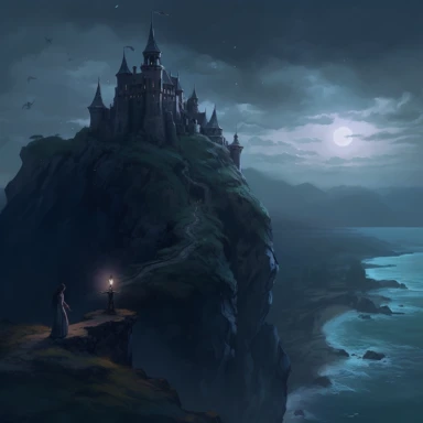 An eerie and fierce castle, perched atop a craggy cliff overlooking the black sea, with stars in the background. The castle is shrouded in mist, with jagged towers and turrets looming menacingly against the sky. At the foot of the castle, a witch in a long black cloak stands at a bubbling cauldron, casting a spell with a wand made of twisted black wood. Clipart with white background.