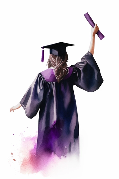 soft watercolor black purple sillhouette of a proud happy female graduate holding a small thin scroll in the air, view from behind, clipart white background