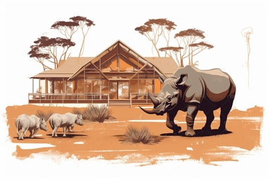 safari lodge in Kenya with an Black Rhino vector clipart | safari lodge in Kenya with an Elephants vector on white background, in the style of high quality photo, CHARCOAL VERMILION and CLAY color