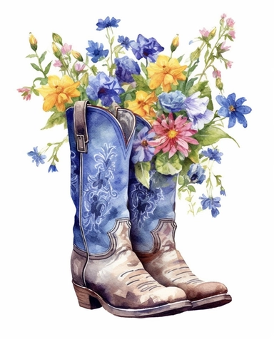 create a high quality watercolor clipart of a floral cowboy boots with spring flowers on the white background. The image needs to be high resolution.