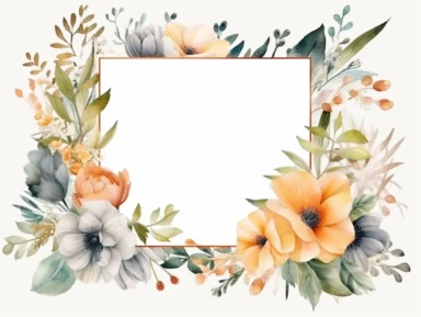 whimsical square frame, watercolor clipart, lakeside flora, soft colors, white background