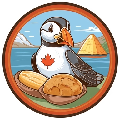 Depicting an Atlantic puffin enjoying a maple syrup-themed picnic. The design should combine the puffin's charm with Canadian culinary traditions. The artwork can feature the puffin holding a pancake and a bottle of maple syrup, with a cheerful expression on its face.r, that can be used as a sticker, colorful, highly detailed, white background, style of pixar clipart, white background,--no cut off edges