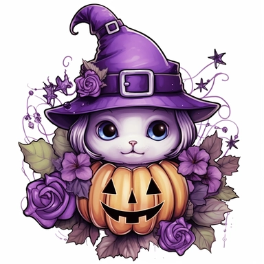 Spooky Cute halloween sublimation, Purple color Clipart, below are some flowers, and the head is cap, isolated on a white background,high quality design and Summons will be a pumkin,