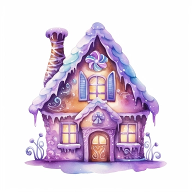 watercolor beautiful vintage Christmas gingerbread house candy house with icing fantasy clipart, dark purple frosting, whimsical, detailed watercolor style, on white background