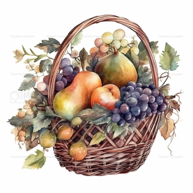 watercolor fairy fruit basket with forest clipart, white background