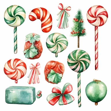 watercolour of a variety of Christmas Candies. Red and Green Gumdrops, Candy Canes, Peppermints, ribbon candy, clipart variations, simple, vector, 8k