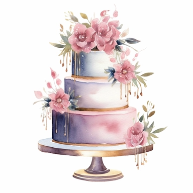 full perspective, watercolor three tier wedding cake clipart, add flowers and glitter, on a white background