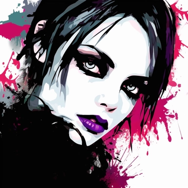 Illustrate a clipart image showcasing a goth woman color splash with radiant eyes that shine brightly. Use a rich and diverse color palette to enhance her appearance, and ensure the image is detailed and crisp. The background should be pure white