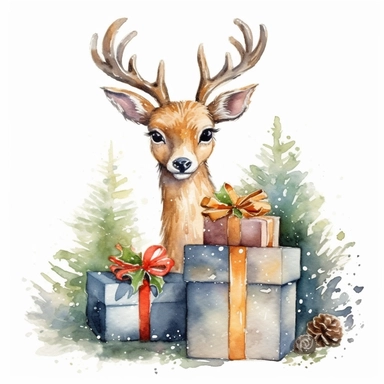 one watercolor christma deer clipart with christmas gifts and a tree on a white background, in the style of amanda clark, glorious, depictions of animals, realistic watercolor paintings , no watermark, text, 300 DPI , typography, shapes do not stick together, no text in the picture, on a white background