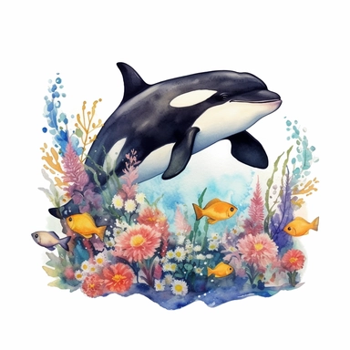 watercolor orca whale playing with fishes seabed, flowers real clipart on white background