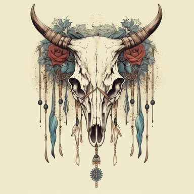 a clipart image of a boho bull skull with feathers hanging from it by strings in the style of vintage color and ink