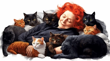 illustration clipart of elder woman ,redhaired,laying in her bed relaxing, black Cats lying next to her, hyperrealistic, white background