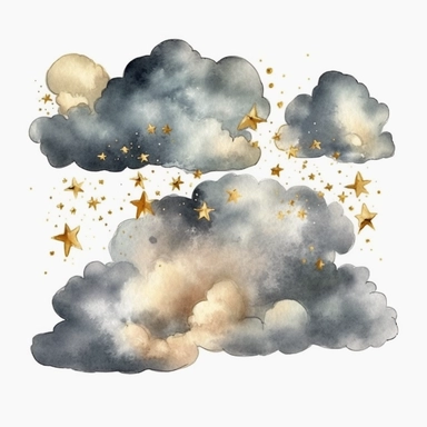 watercolor realistic cloud with gold stars clipart, single clipart, high resolution, light color, 8k
