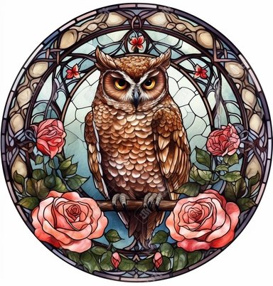 DESIGN A MAGNIFICENT AND EXQUISITE BREATHTAKING ONE-OF-A-KIND HIGH QUALITY HIGHLY DETAILED MASTERPIECE WATERCOLOR CLIPART ILLUSTRATION OF an owl with red roses sitting in a circle on a tile, in the style of i can't believe how beautiful this is, official art, STAINED GLASS WINDOW, WHITE BACKGROUND