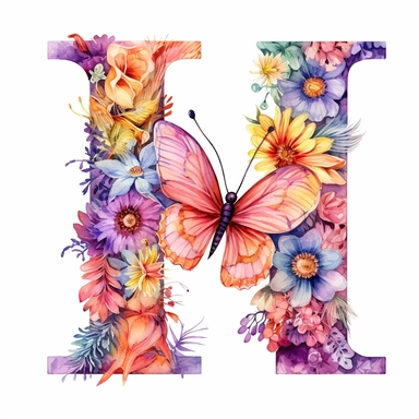 Pastel Color Beautiful Fairy Butterfly Flower Alphabet Letter  H  Watercolor Clipart, Cartoon, hyper realistic, intricate detail, illustration style, high solution, on the white background