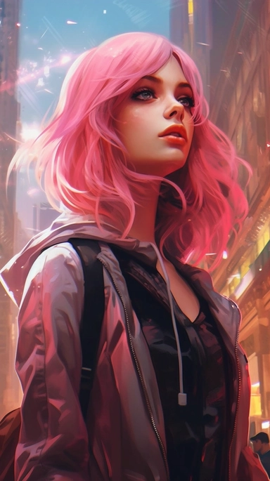 her with long hairstyle, intense pink hair, beautiful stunning pretty vintage cyberpunk anime girl, paint art style, clipart,palace landscape background, superrealistic, one of a kind