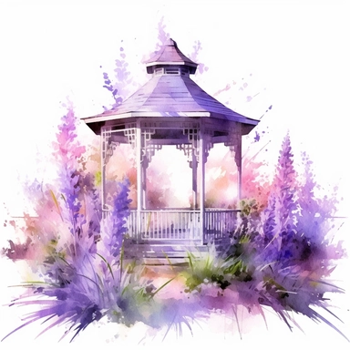clipart, watercolor, Pastel, Pastel, gazebo surrounded in lavander plants, Clear Outline, On a White Background, willem haenraets