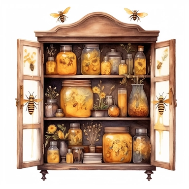 whimsical watercolour clip art curiosity cabinet with glass doors. Bee and honey themed