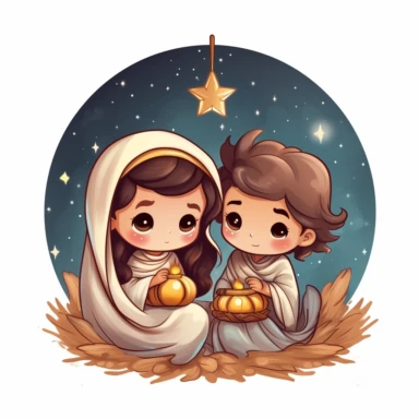 clip art, cute chibi Christmas Nativity scene, birth of Jesus, Christmas, isolated on white background
