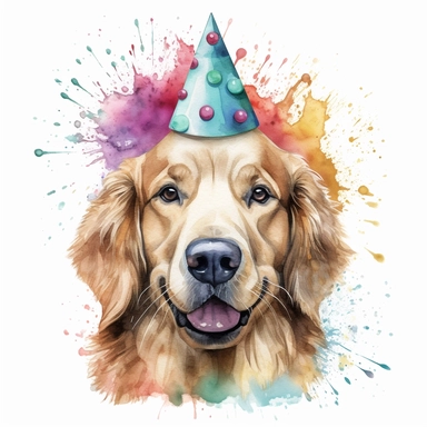 watercolor of a birthday golden retriever isolated on a white background, detailed ,realistic ,rtx on,textural richness,colorful imagery,digital illustration, clipart,