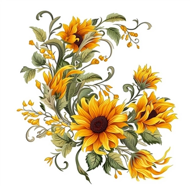 sunflower themed floral vine, William Blake, clipart, only white background, 2d, flat