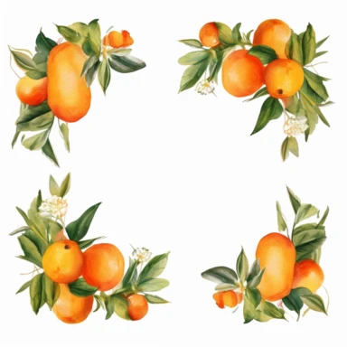 Watercolor clipart very detailed oranges frame. White background