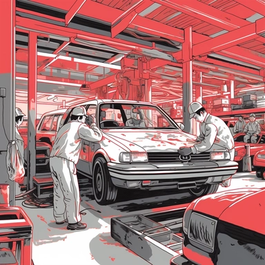 A scene of Toyota service mechanics working on automobiles, clipart, in the style of detailed attention to costume and fashion, light red and dark gray, plein-air, loose linework, uniformly staged images, contact printing, hanging scroll