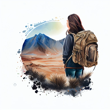 Beautiful travel themed design. Young girl with backpack looking at the landscape. Road illustration. Camping concept clipart. on a white background, watercolor, hyperrealism, high detail, separate elements, set