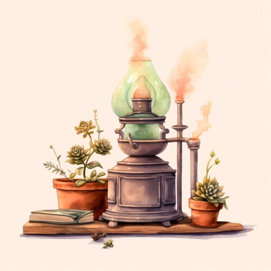 Craft an enchanting clipart watercolor painting in a boho cottage core style, depicting a chemistry bunsen burner heating a beaker filled with a succulent. The Bunsen burner should be depicted emitting a gentle flame heating the beaker's bubbling liquid. Embrace the following color palette to bring the composition to life: Sage Green, Dusty Rose, Terracotta, Mustard Yellow, Creamy White, Pale Lavender, Soft Blue, Rust Brown, and Pale Peach. Utilize the watercolor technique to infuse the succulen