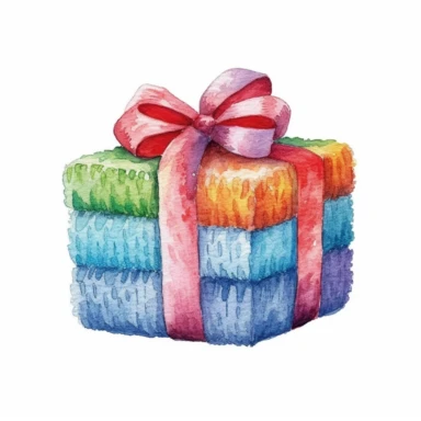 A Christmas gift box, full color, knitted painting texture, Perfect for nursery art and children's book illustration style, simple, cute, full color, clipart, watercolor illustration, single object, high definition 8k, white background for removing background