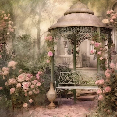 fantasy rose evening garden with antique wrought iron bench and gazebo, soft pink and green and khaki colors, romantic, clipart style, shabby chic, ethereal