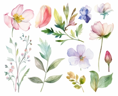 watercolor flower clip art for april, in the style of dreamlike composition, white background, ethereal foliage, show only one foliage, luxurious fabrics, pictorial dreams, use of bright colors, poetic pastoral scenes